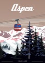 Travel resort Aspen Ski poster retro. Colorado USA winter landscape travel card