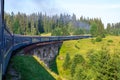 Travel, rest. View from the train window at the turn of the train, nature and trees. Horizontal frame Royalty Free Stock Photo