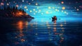 river lamp travel water boat festival celebration light lantern night. Generative AI.