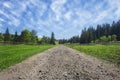 Travel road on the field with green grass and blue sky with clouds on the farm in beautiful summer sunny day. Clean, idyllic, lan Royalty Free Stock Photo