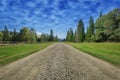 Travel road on the field with green grass and blue sky with clouds on the farm in beautiful summer sunny day. Clean, idyllic, Royalty Free Stock Photo