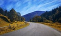 Travel road on the field with yellow autumn grass and blue sky with clouds on the farm in beautiful summer sunny day. Clean, idyll Royalty Free Stock Photo