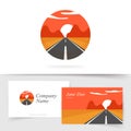 Travel road path way valley logo with desert sunrise and mountains landscape in circle shaped round logotype and business card