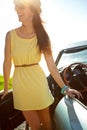 Travel road trip, beach car park and happy woman on holiday adventure, transportation journey or fun summer vacation Royalty Free Stock Photo