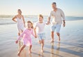 Travel, running and happy with family at the beach on Bali holiday for love, summer and freedom. Smile, support and Royalty Free Stock Photo