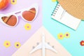 Travel`s accessories items on pastel colors background, vacation concept Royalty Free Stock Photo