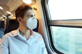 Travel safely on public transport. Young man with KN95 FFP2 face mask looking through train window. Train passenger with Royalty Free Stock Photo