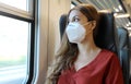 Travel safely on public transport. Young woman with face mask looking through train window. Train passenger with protective mask Royalty Free Stock Photo