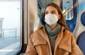 Travel safely on public transport. Young woman with KN95 FFP2 face mask looking through train window. Commuter passenger with Royalty Free Stock Photo