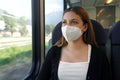 Travel safely on public transport. Young woman with KN95 FFP2 face mask looking through train window. Train passenger with Royalty Free Stock Photo