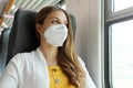 Travel safely on public transport. Young woman with KN95 FFP2 face mask looking through train window. Train passenger with Royalty Free Stock Photo