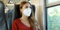 Travel safely on public transport. Young woman with KN95 FFP2 face mask looking through train window. Train passenger with Royalty Free Stock Photo