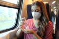 Travel safely on public transport. Young woman with KN95 FFP2 face mask using wash hand sanitizer gel dispenser. Passenger with Royalty Free Stock Photo