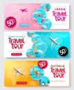 Travel sale vector banner set design. Travel and tour text with package discount promotion for travelling gift check voucher.