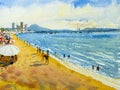 Travel scenery in Thailand - Watercolor painting seascape colorful of tourism ocean beach