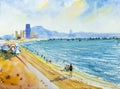 Travel scenery in Thailand - Watercolor painting seascape colorful of tourism ocean beach