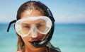 Travel, scuba diving and portrait of woman at the beach for swimming, summer and vacation. Tropical, holiday and gear Royalty Free Stock Photo