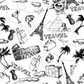 Travel seamless background. Hand drawn summer holidays pattern. Vector