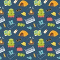 Travel seamless pattern. Camping equipment and gear. Hand drawn flat hiking elements, lettering. Color doodle backdrop