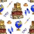Travel seamless pattern with travel equipment - suitcase, globe, glasses, coffee. Watercolor tourist design. Royalty Free Stock Photo