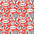 Travel seamless pattern with fashion style stickers. Vector texture traveling icons. Black Hand drawn illustration on