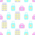 Travel seamless pattern. Icon bagage and hotel in summer color palette. Travel background in flat design