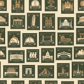 Travel seamless pattern with old postage stamps Royalty Free Stock Photo