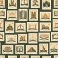 Travel seamless pattern with old postage stamps Royalty Free Stock Photo