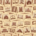 Travel seamless pattern with old postage stamps Royalty Free Stock Photo