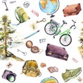 Travel seamless pattern with pine tree, tavel equipment - bicycle, photo camera, compass, suitcase, backpack. Watercolor