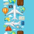 Travel seamless pattern. Traveling background with tourist items