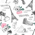 Travel seamless pattern. Vacation in Europe wallpaper. Travel to visit famous places of Europe.Vector pattern. Royalty Free Stock Photo