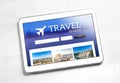 Travel search application or website on tablet screen.