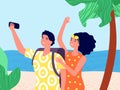 Travel selfie. Enjoying traveling, man woman with cellphone. Happy young couple take mobile photo. Beach summer holidays Royalty Free Stock Photo