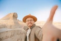 Travel Selfie photo man in hat background pyramid of Egyptian Giza and Sphinx, sunset Cairo, Egyp Royalty Free Stock Photo