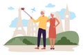Travel senior couple, cartoon happy elderly family tourists characters traveling, tour in Europe