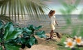 Exotic island women with summer hat and yellow dress sunset pink sky relaxing stay on rock stone at pier beach sea water seagull Royalty Free Stock Photo