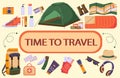 Travel set of colorful images in cartoon style. Royalty Free Stock Photo