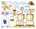 Travel set of icons with airplane, the globe, suitcase, sleep mask, camera, letters, mail, vacation, map, postcard Royalty Free Stock Photo