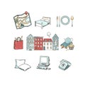 Travel set of tourism icons. hand drawn vector illustration. Clip art for hostel, website, blogger, grunge style. Cartoon Royalty Free Stock Photo