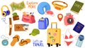 Travel set. Tourists objects bundle, map, camera, baggage, hat, backpack, documents, pillow and sleep mask. Royalty Free Stock Photo