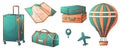 Travel set of vector illustration of baggage, map, suitcases, hot air balloon, plane, location icon, hand bag. Royalty Free Stock Photo