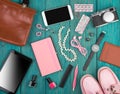 accessories, shoes, tablet pc, camera, bag, note pad, watch, headphones, blackboard and essentials Royalty Free Stock Photo