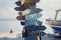 Travel signpost. Country distance and direction. Located on Gili Island in Indonesia.