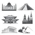 Travel silhouette landmarks with famous world monuments vector set Royalty Free Stock Photo