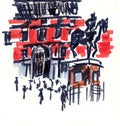 Travel sketch graphic color picture markers Madrid Plaza Mayor