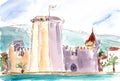 Travel sketch watercolor drawing fortress in Croatia city Trogir