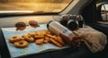 Travel snacks sunglasses camera and map on a car dashboard during sunset road trip adventure with golden light reflections Royalty Free Stock Photo