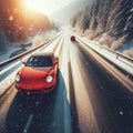 travel in the snow in winter sunny day long street in the forest - ai generated Royalty Free Stock Photo