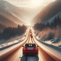 travel in the snow in winter sunny day long street in the forest - ai generated Royalty Free Stock Photo